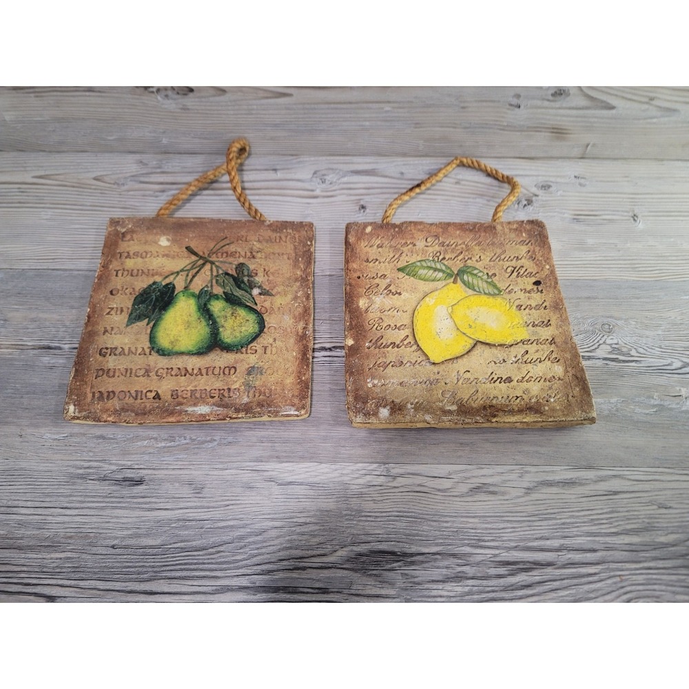 ceramic plaque wall decor Pears, lemons with rope handles. Vintage looking decor